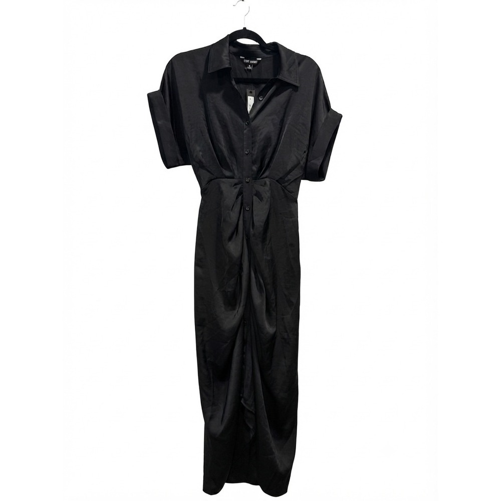 Steve Madden Black Satin Midi Shirt Dress‎ Short Sleeve Tie Back Size 4 NWT
